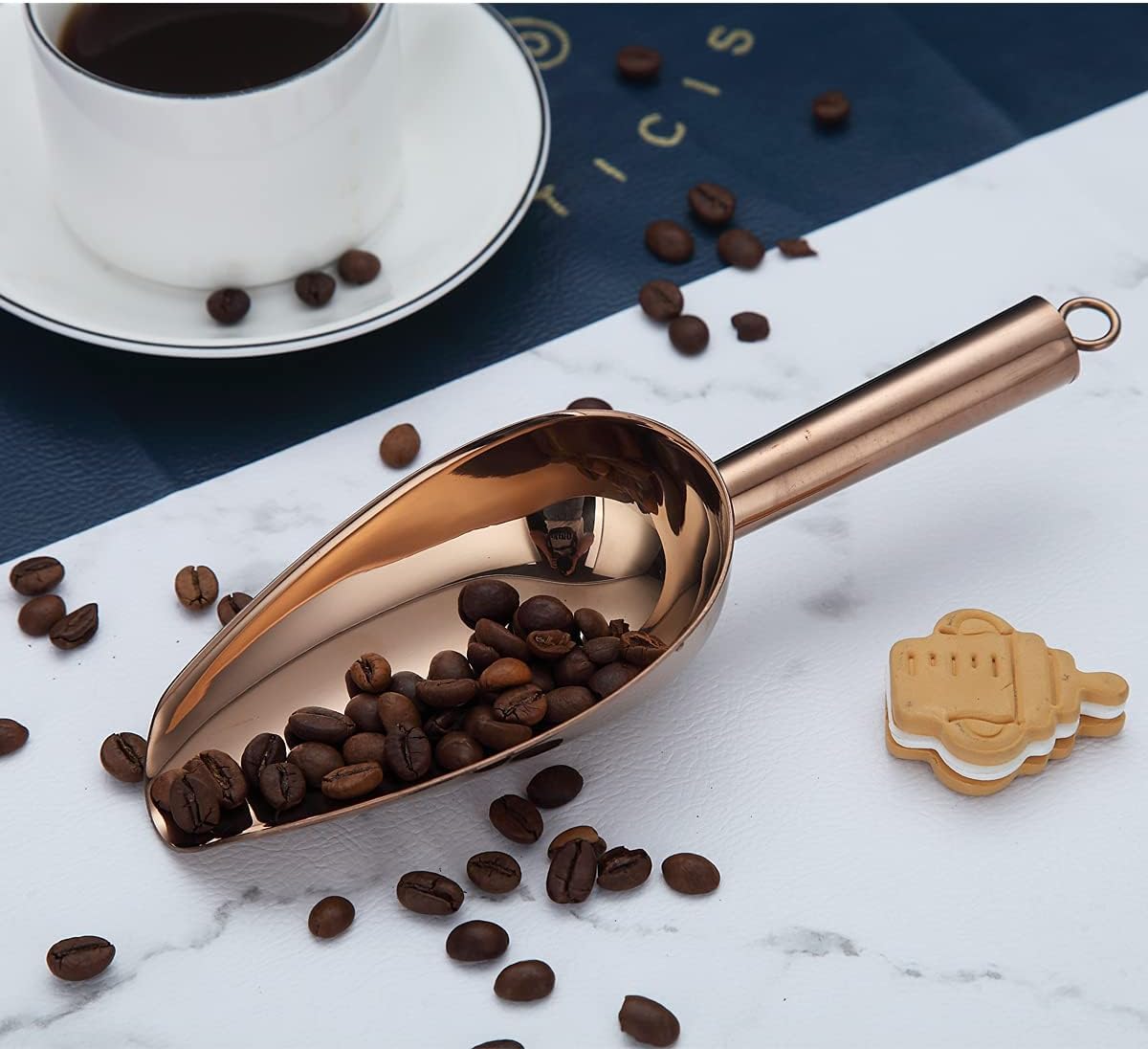 Berglander Cuchara de hielo de acero inoxidable oro rosa de 6 onzas, cuchara de hielo de metal chapado en cobre de titanio para máquina de hielo,
