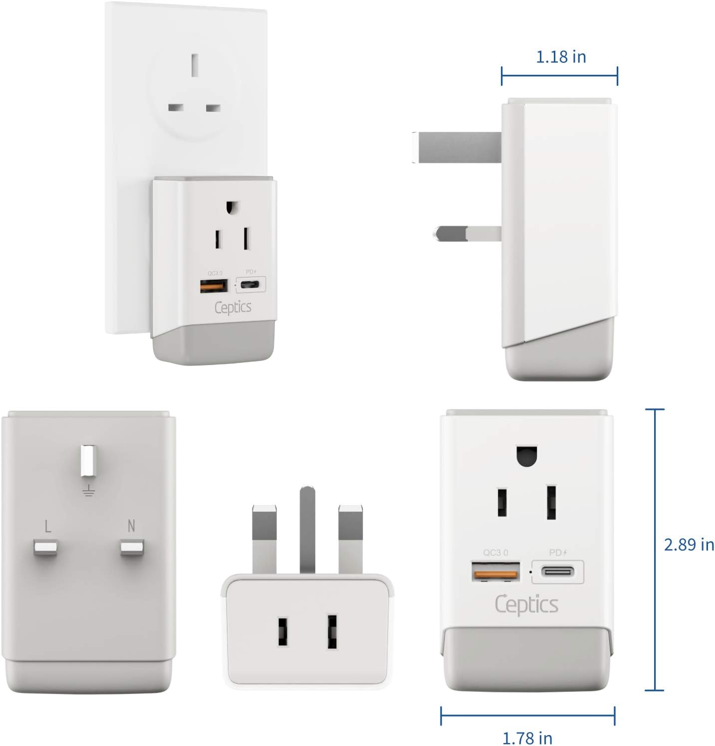 Ceptics Adaptador de enchufe de Hong Kong, enchufe internacional con USB y USB-C – 2 enchufes de EE. UU., QC 3.0 y PD – Adaptador de salida tipo G
