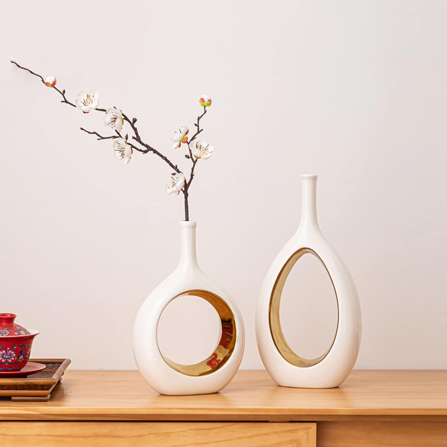 White Ceramic Vase Set 2 for Modern Home Decor, Hollow Round Flower Vases for Decor, Donut Vase, Pampas Grass Vase, Minimalism Decor for Wedding