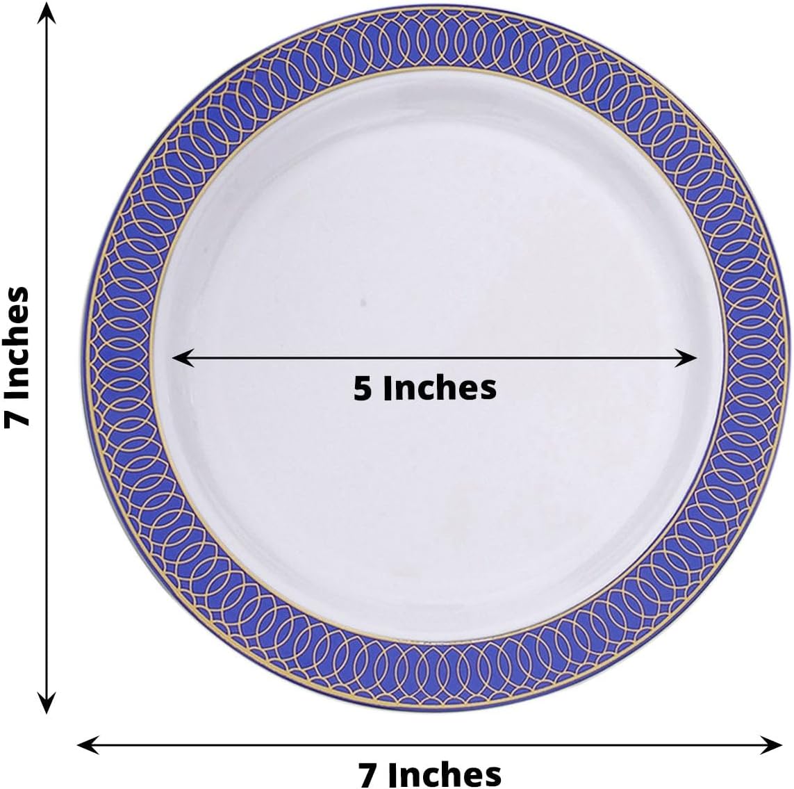 Efavormart – Paquete de 10 platos de postre de plástico blanco con borde en espiral azul marino dorado, platos redondos desechables de 7 pulgadas