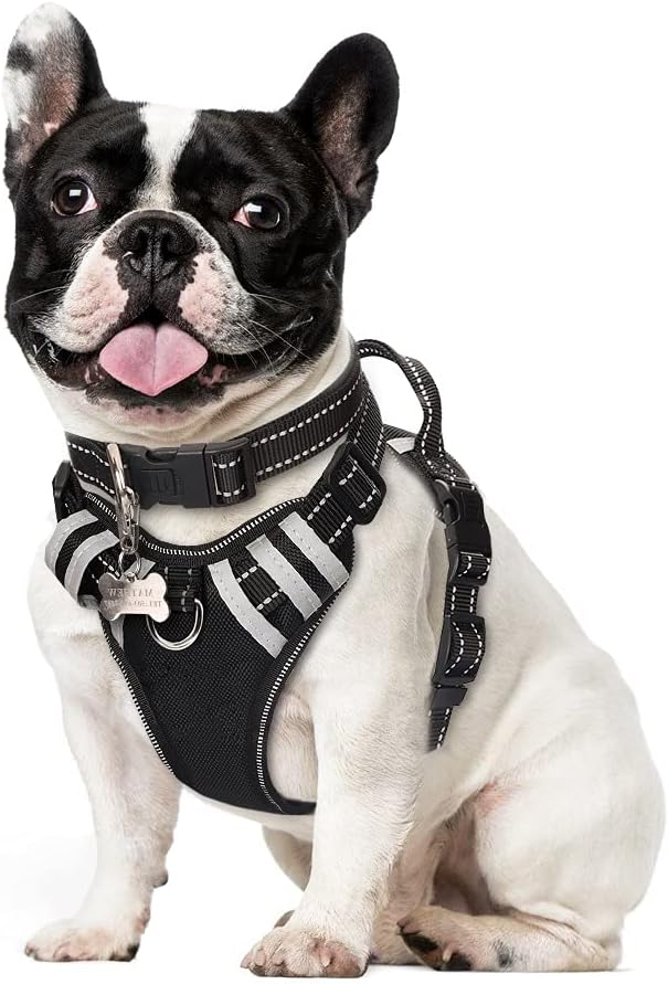 WINSEE Arnés para perro sin jalones, arnés para mascotas con collar de perro, chaleco reflejante ajustable Oxford para salir, broches para correa