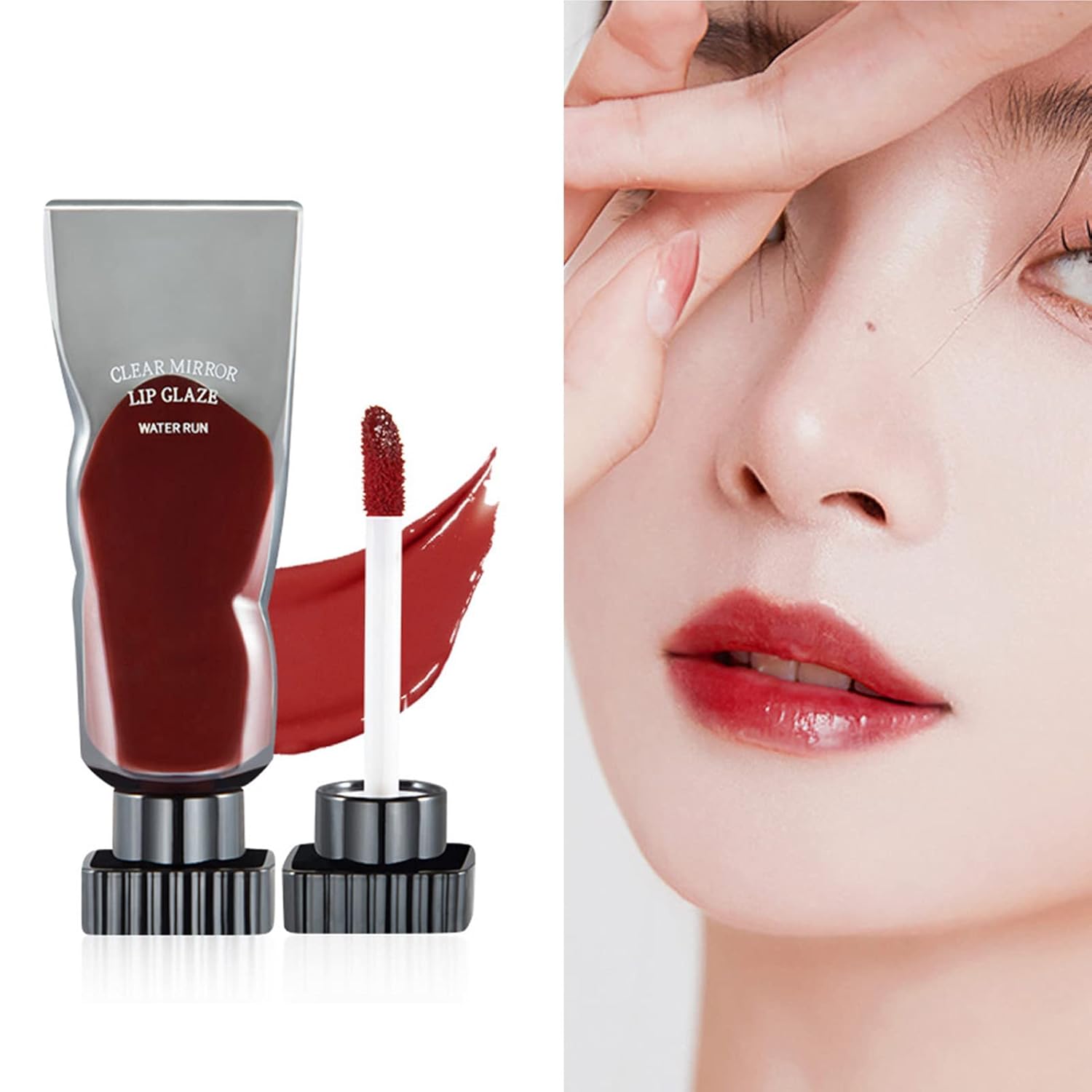 Yinhing Brillo de labios de espejo transparente, esmalte de labios negro en capas, espejo transparente de larga duración, estilo elegante, brillo de