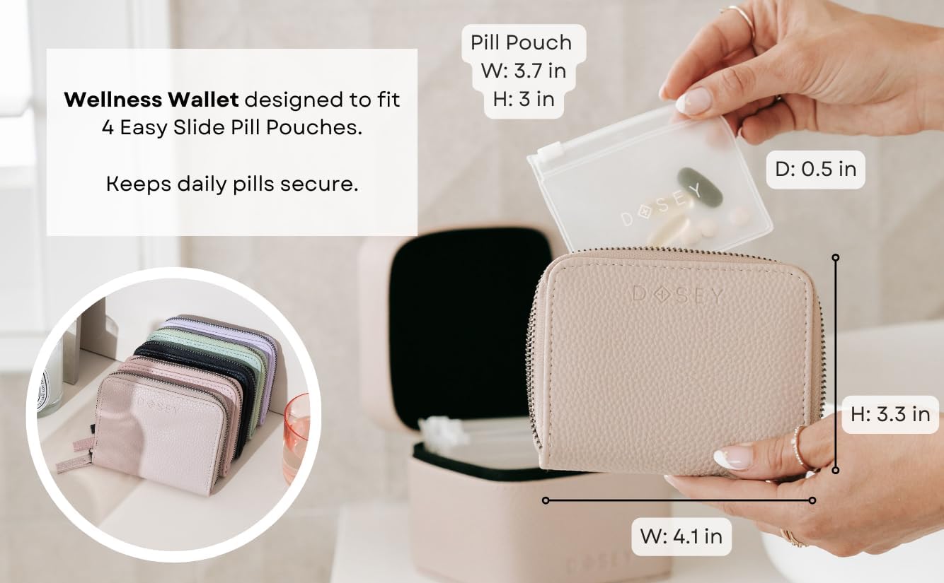 Dosey Wellness Wallet – Organizador de pastillas de viaje y bolsas de píldoras fáciles de deslizar, estuche de píldoras de cuero vegano con 7