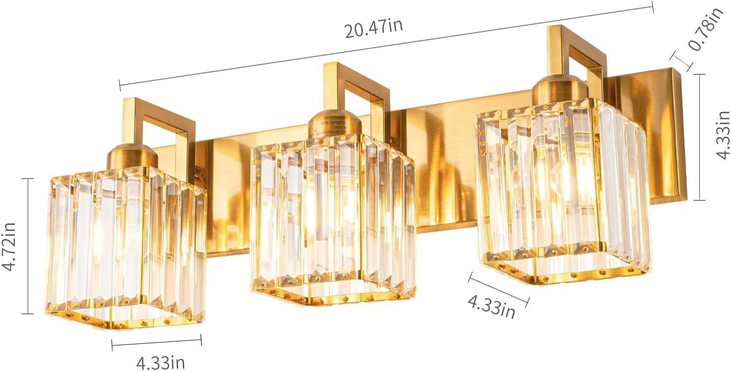 Moderna lámpara de cristal para tocador de baño, 3 luces, acabado de latón cepillado dorado, lámpara de pared moderna de cristal para baño,