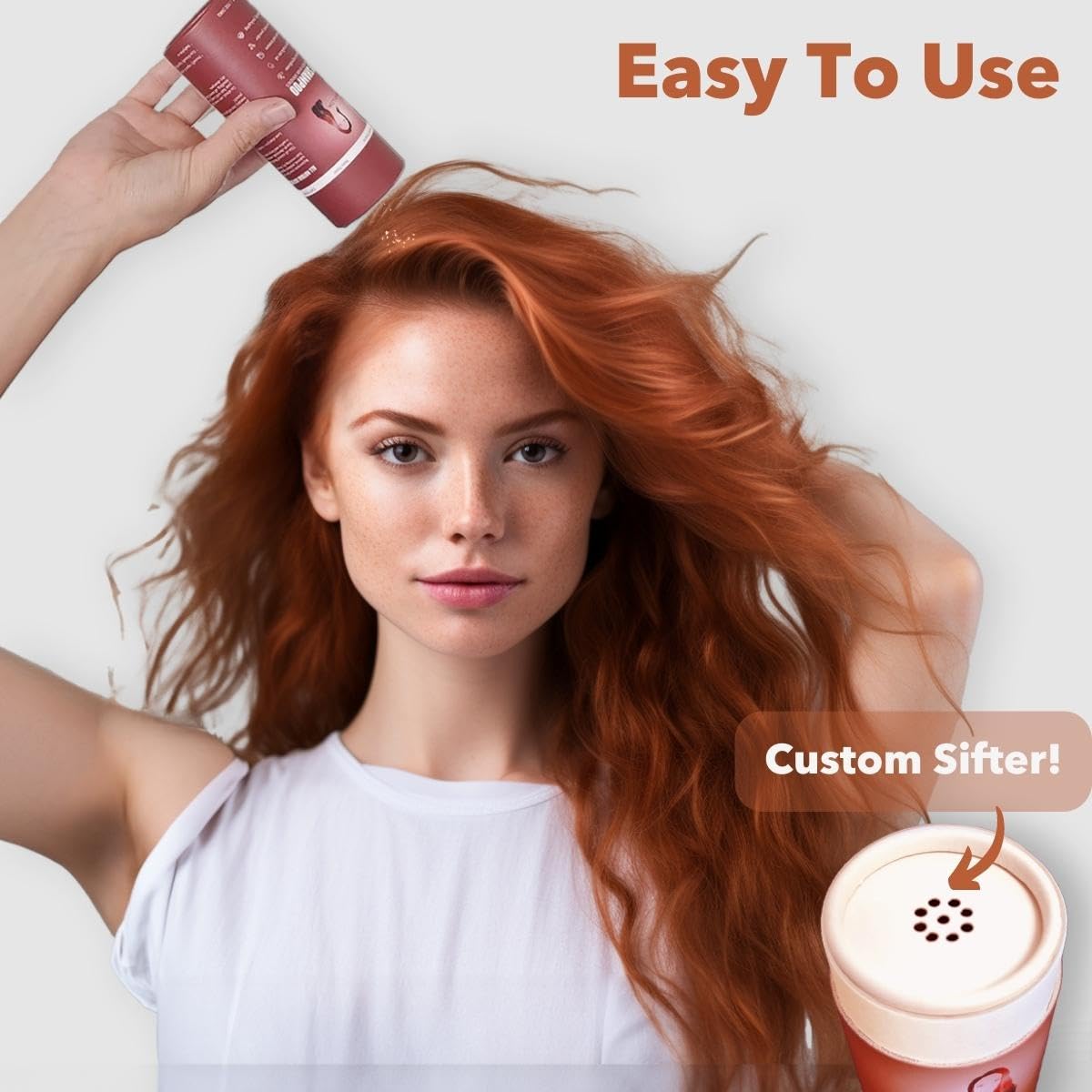 Champú seco en polvo para tonos de cabello rojo, todos los ingredientes naturales, no aerosol, no tóxico, embalaje respetuoso con la tierra