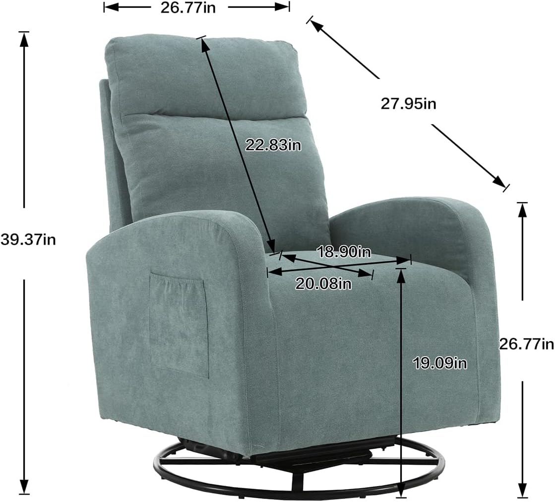Kurhwyss Silla giratoria para guardería, moderna silla mecedora con respaldo alto y bolsillo de almacenamiento, mecedora tapizada con base de metal