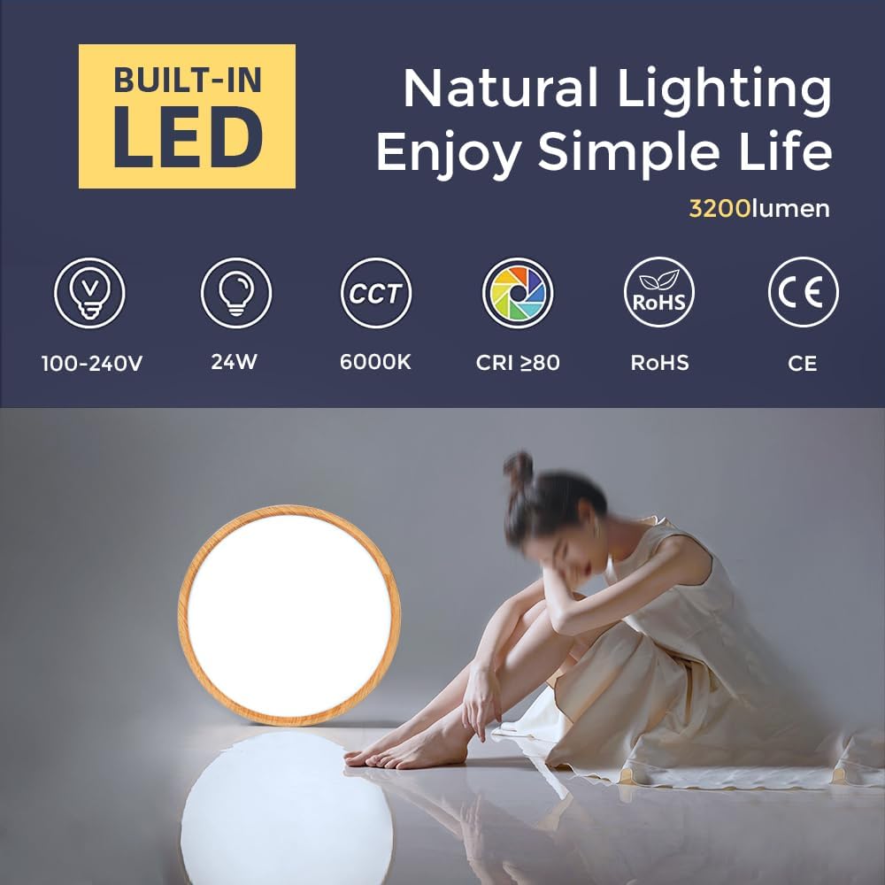 Lámpara de techo LED de grano de madera de 12 pulgadas, montaje empotrado, alfombrilla de ABS, 6000 K blanco frío, 24 W, lámpara de techo redonda