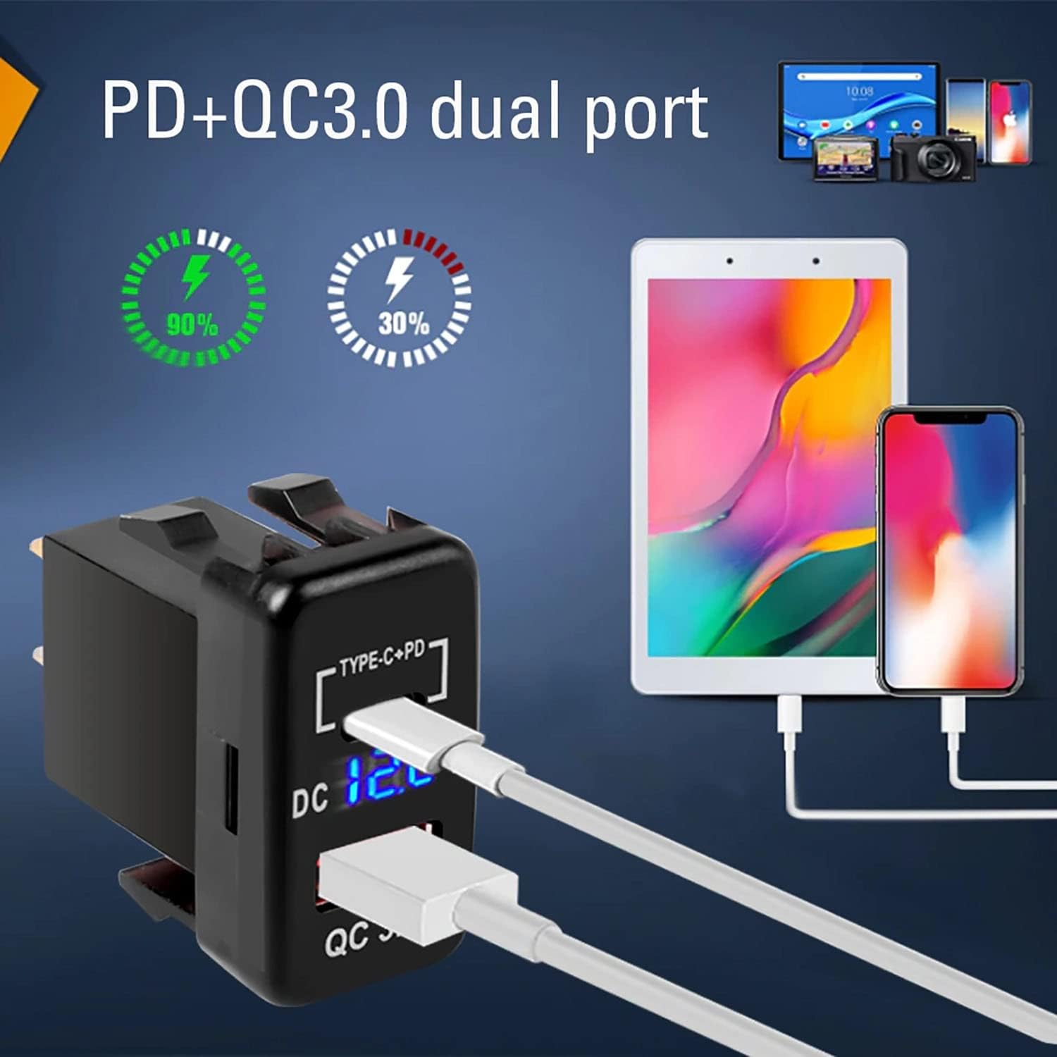 Cllena Carga rápida 3.0 y PD USB C Dual USB puerto cargador adaptador de corriente para Toyota