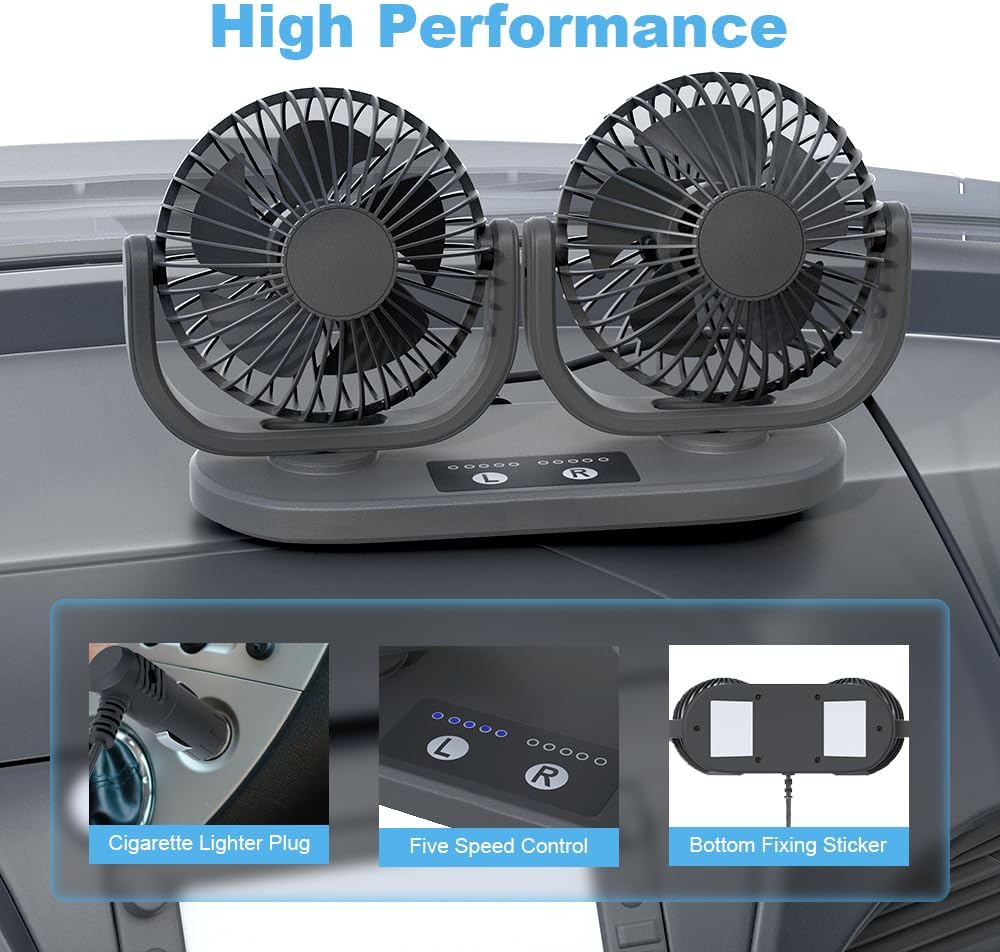 Ventilador de encendedor de cigarrillos de panel de instrumentos de 12 V CC, ventilador de circulación de aire de doble cabezal de bajo ruido,