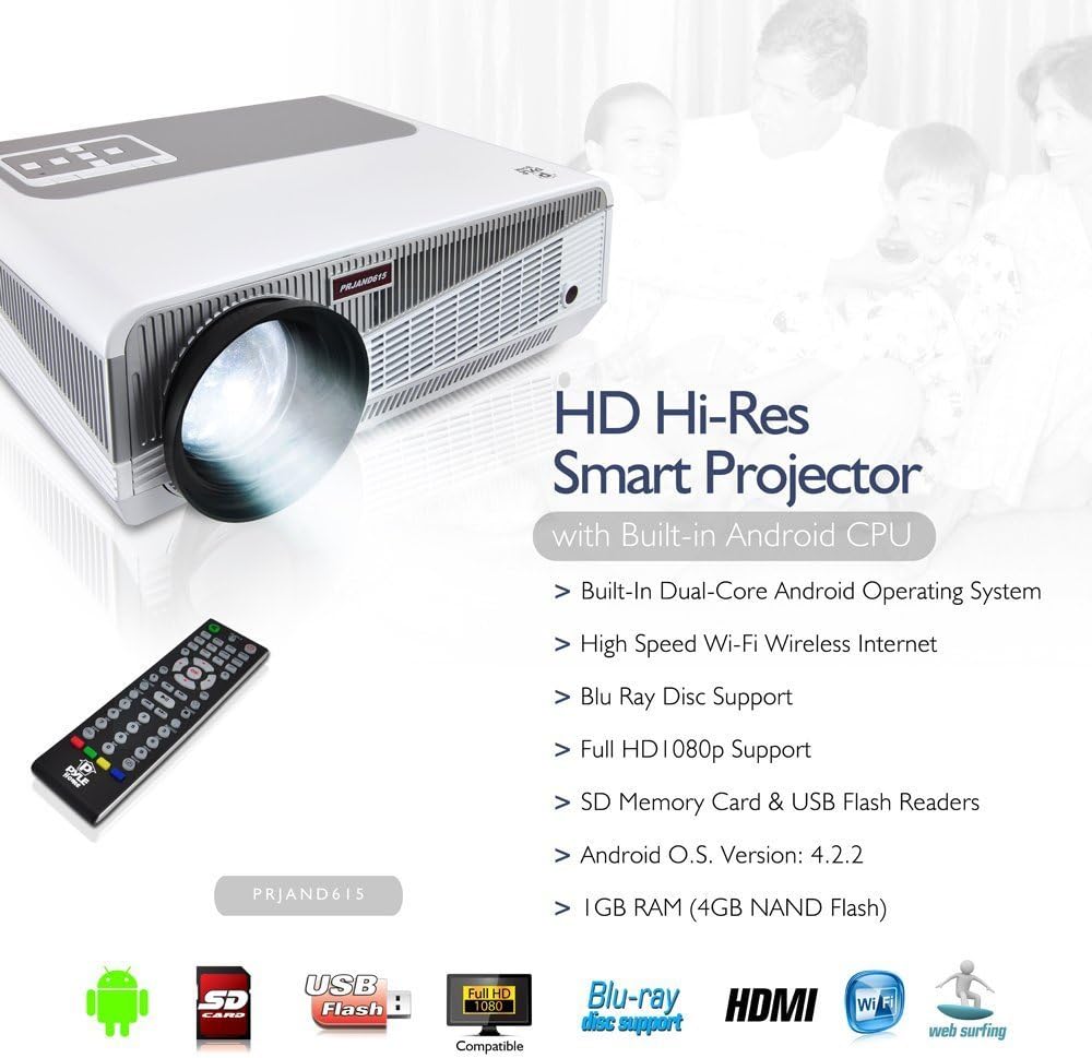 Pyle Full HD 1080p Hi-Res Mini Proyector de Cine de Video Inteligente Portátil de Cine en Casa – Computadora Android de doble núcleo integrado,