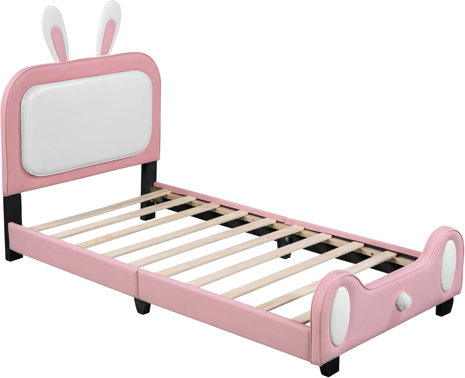 Cama de princesa tapizada en forma de conejo de tamaño individual con cabecero y estribo, plataforma tapizada de piel sintética para niños y
