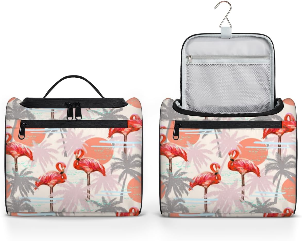 QsirBC Bolsa de aseo de flamencos de hoja de palma para mujer, organizador de maquillaje de viaje con gancho para colgar, bolsas de cosméticos de
