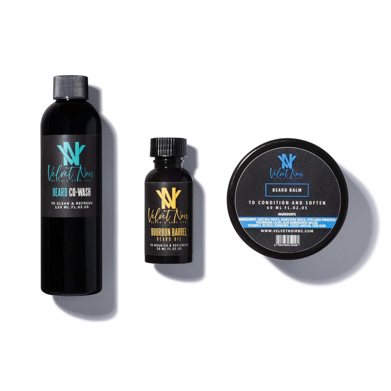 Velvet Noir Beard & Skin Care  Juego de terciopelo aceite para barba, bálsamo para barba y colado para barba (barril de bourbon (sándalo y vainilla))