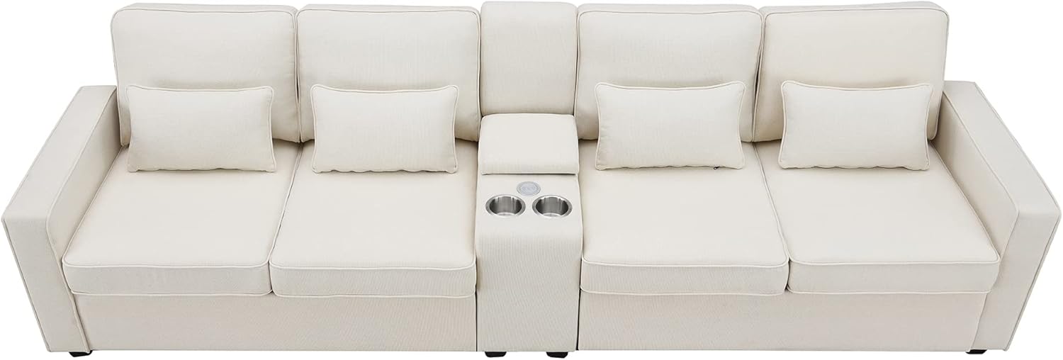 SIYSNKSI Moderno sofá multifuncional con mesa auxiliar almacenable y 2 portavasos, sofá tapizado de tela de 4 asientos con 2 puertos USB con cable o