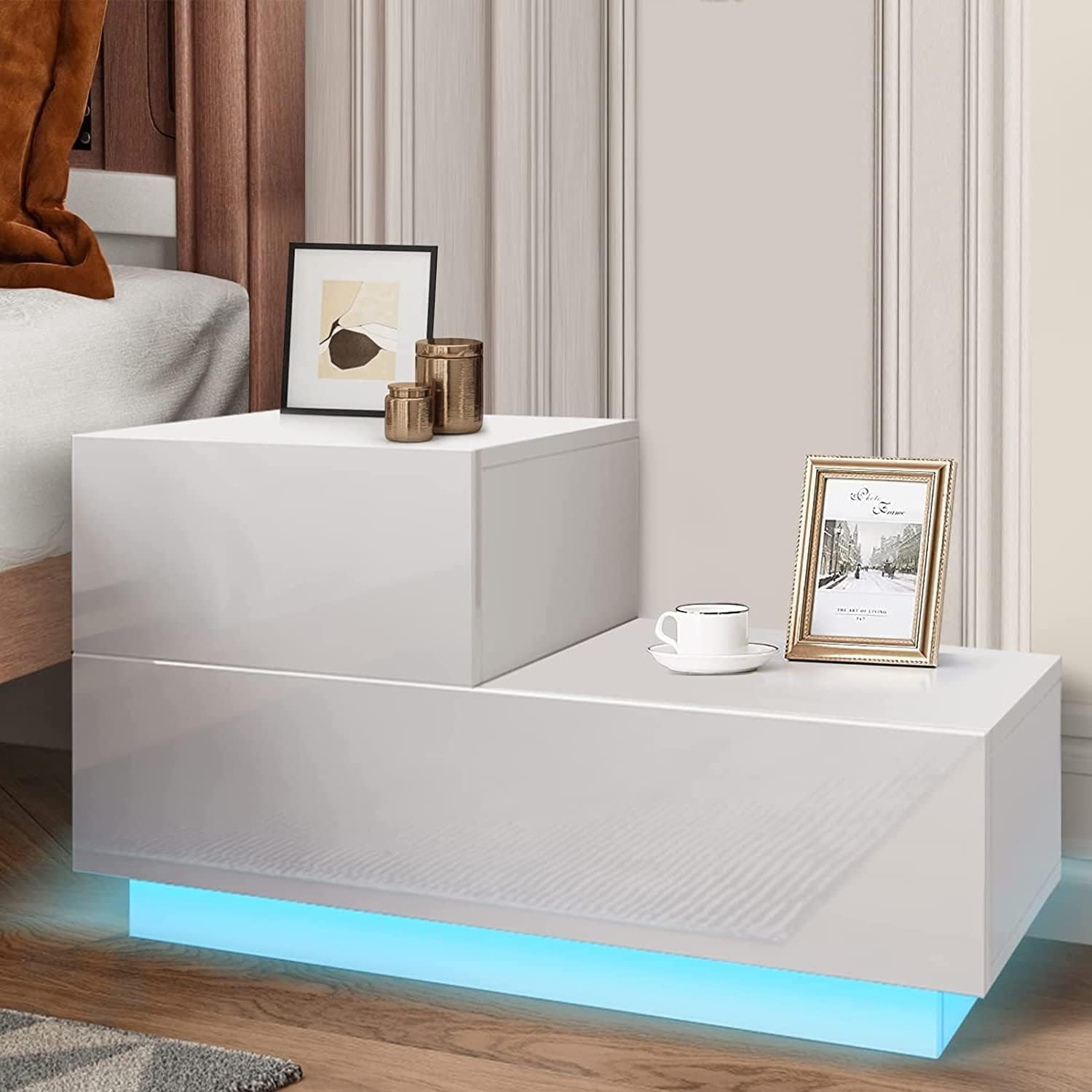HOMMPA Mesita de noche LED pequeña, moderna mesa de noche blanca de alto brillo con 2 cajones, mesita de noche con luz LED, mesa auxiliar con