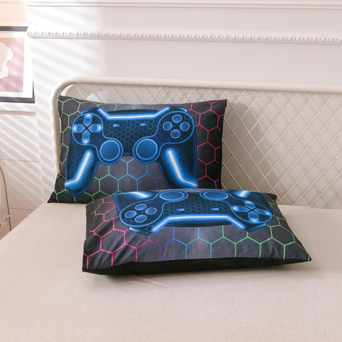 NTBED Juego de edredón de consola de videojuegos para niños y niñas 3D con diseño geométrico de microfibra ligera (multicolor, tamaño individual, 5