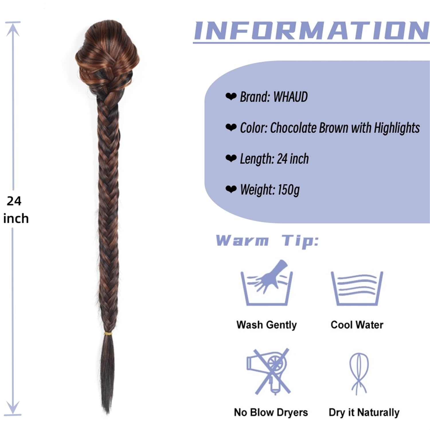 Extensión de cola de caballo trenzada de 24 pulgadas de largo, extensión de cola de caballo trenzada con cordón, extensión de cabello sintético
