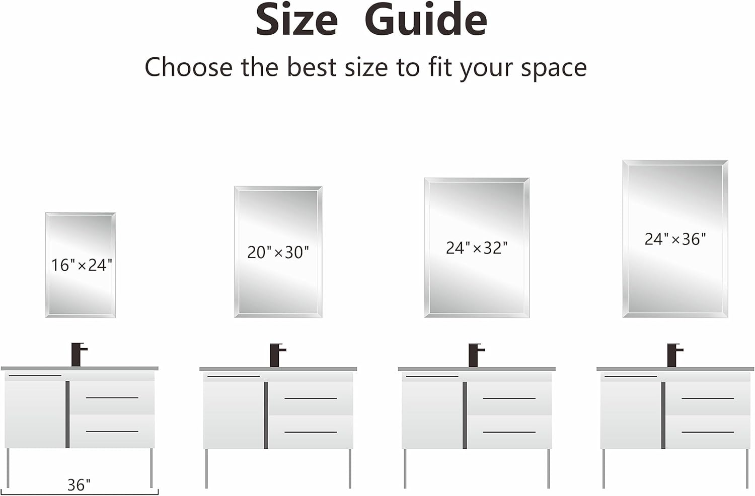 B&C Espejo rectangular sin marco de 24 x 36 pulgadas, borde biselado pulido de 1 pulgada, espejo de tocador de baño para pared, espejo simple moderno