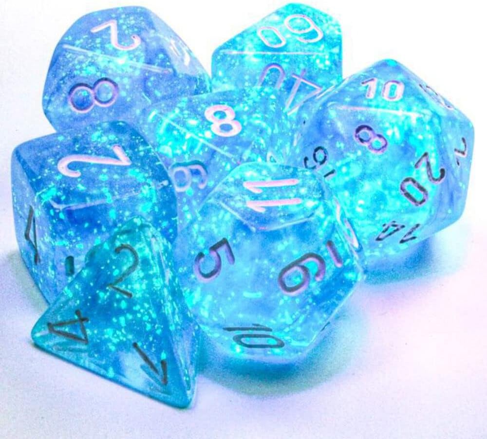 Chessex Juego de 7 troqueles poliédricos – Boreal azul cieloblanco con luminaria 27586 (CHX27586)