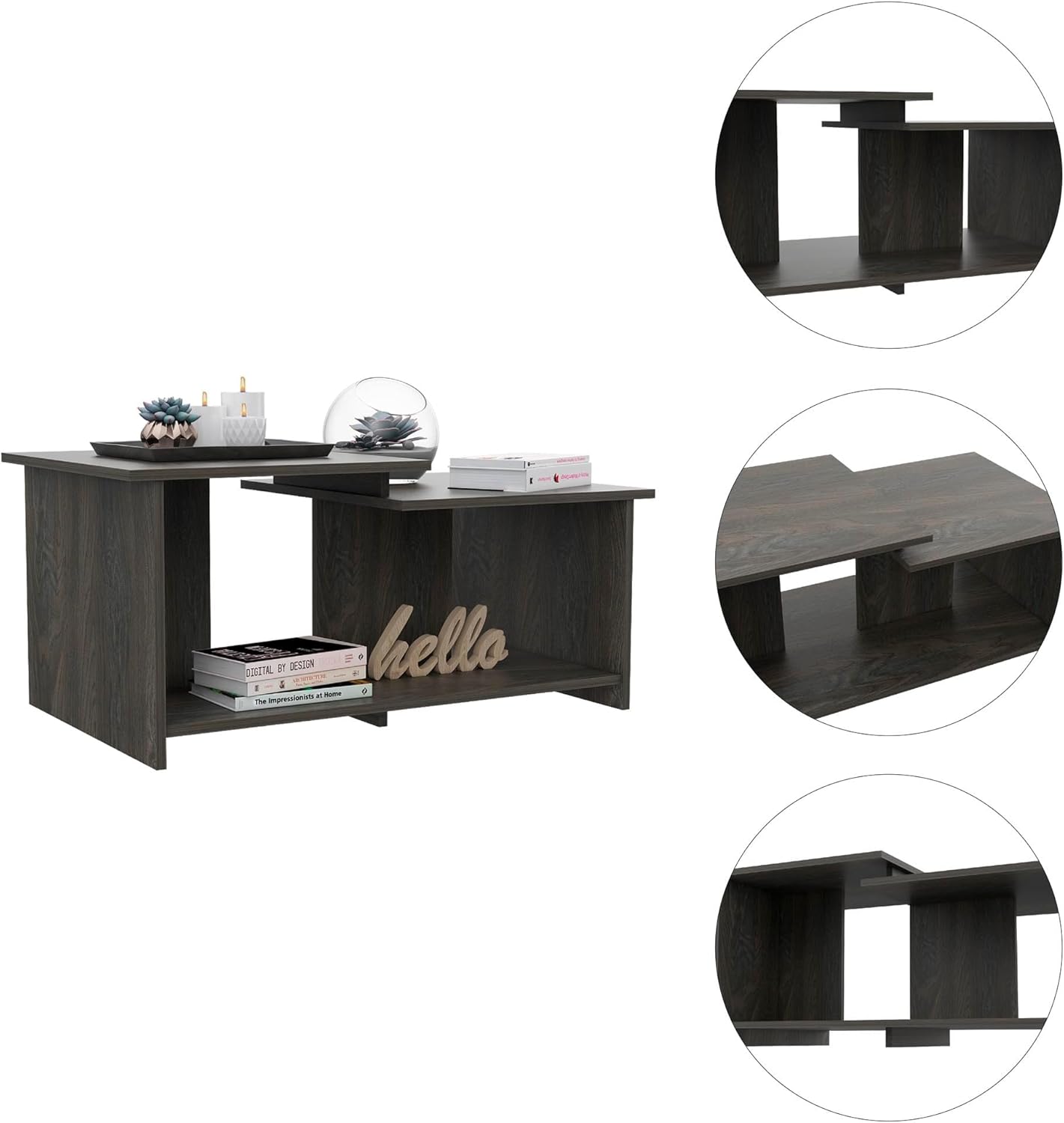 Modern Coffee Table with 3 Open Shelves Brown Contemporary Wood Finish Shelf