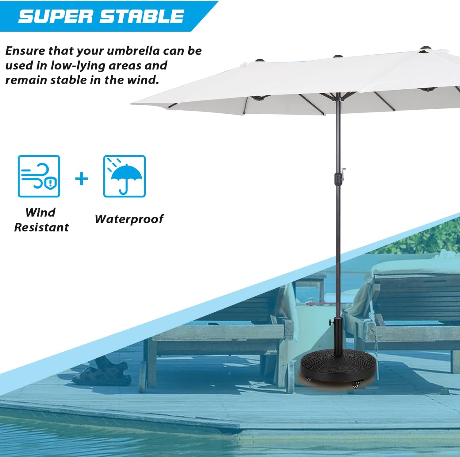 EROMMY Base de sombrilla de 52 libras, soporte de paraguas con ruedas frenables, base de sombrilla de patio resistente para exteriores de 1.5 a 1.89