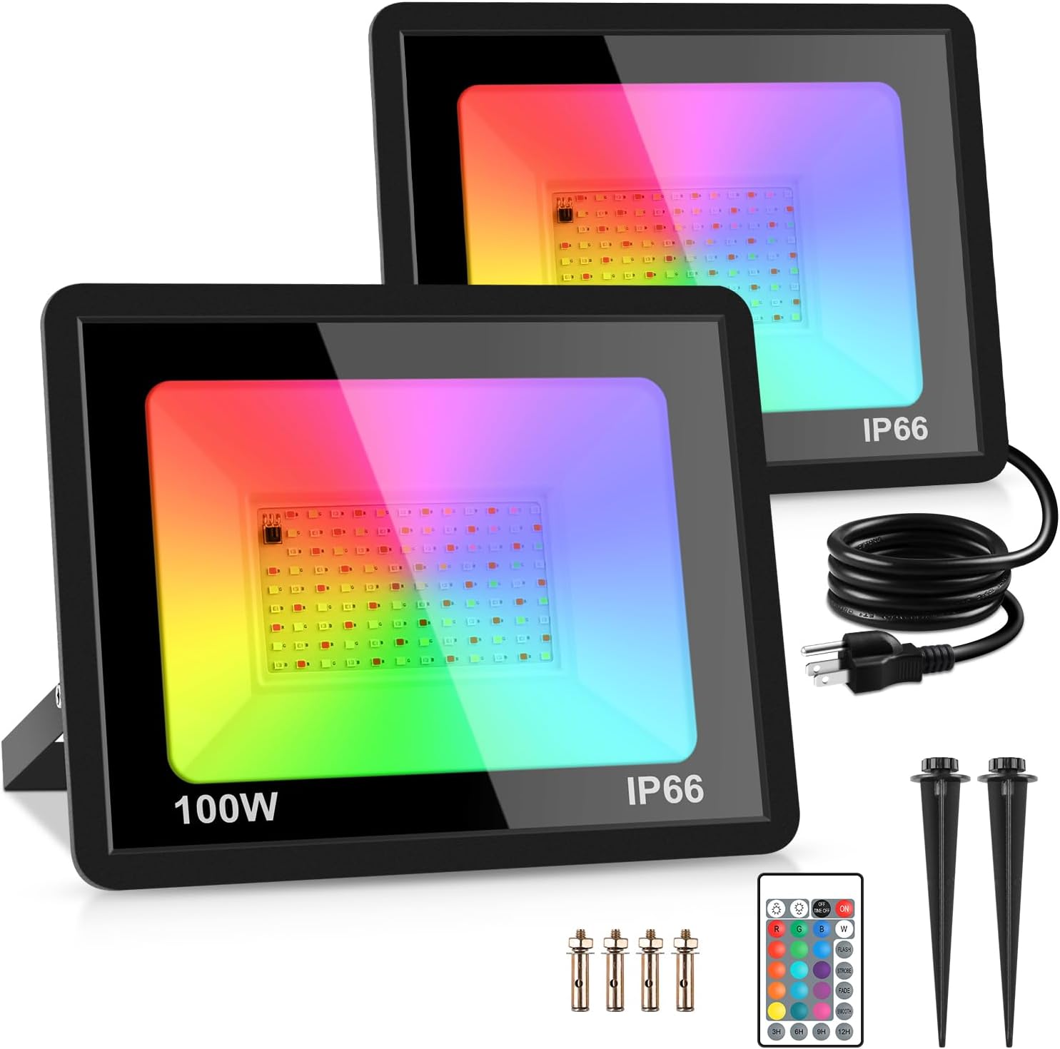 MOSFiATA Paquete de 2 luces de inundación LED RGB de 100 W, 12000 lm que cambian de color inteligente con control remoto, luces elevadas