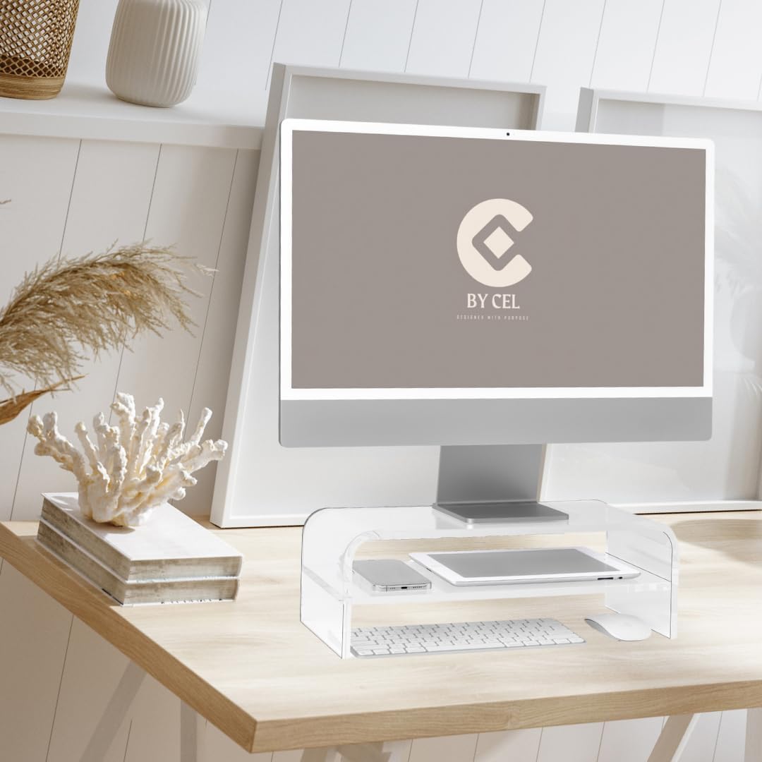 BY CEL Soporte de monitor acrílico prémium para escritorio, soporte transparente de 2 niveles para computadora portátil de 16 pulgadas, soporte
