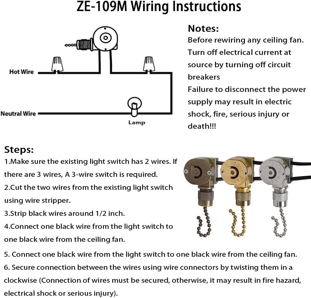 Interruptor de ventilador de techo Zing Ear ZE-109M Interruptor de cable de cadena de tracción para ventiladores de techo lámparas y luces de pared,