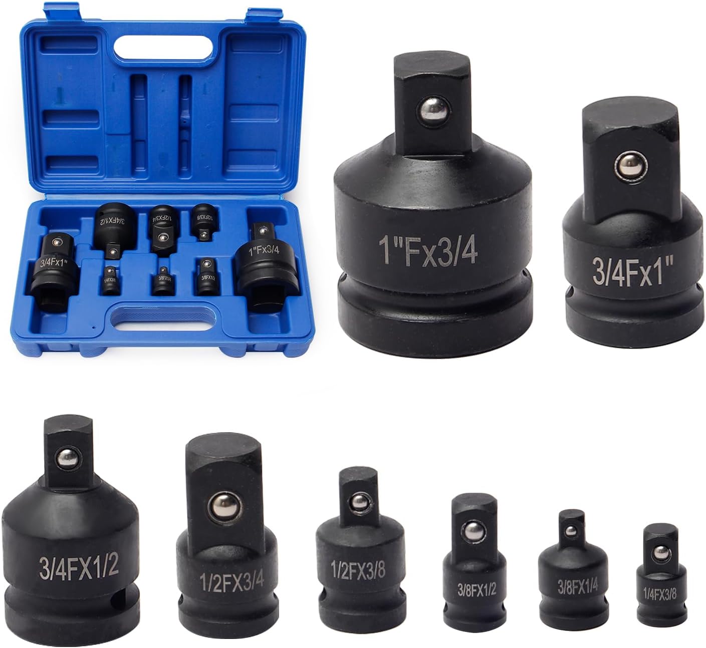 Juego de adaptador y reductor de llaves de impacto de 8 piezas, adaptador de llave de vaso de 14 pulgadas 38 pulgadas 12 pulgadas 34 pulgadas 1