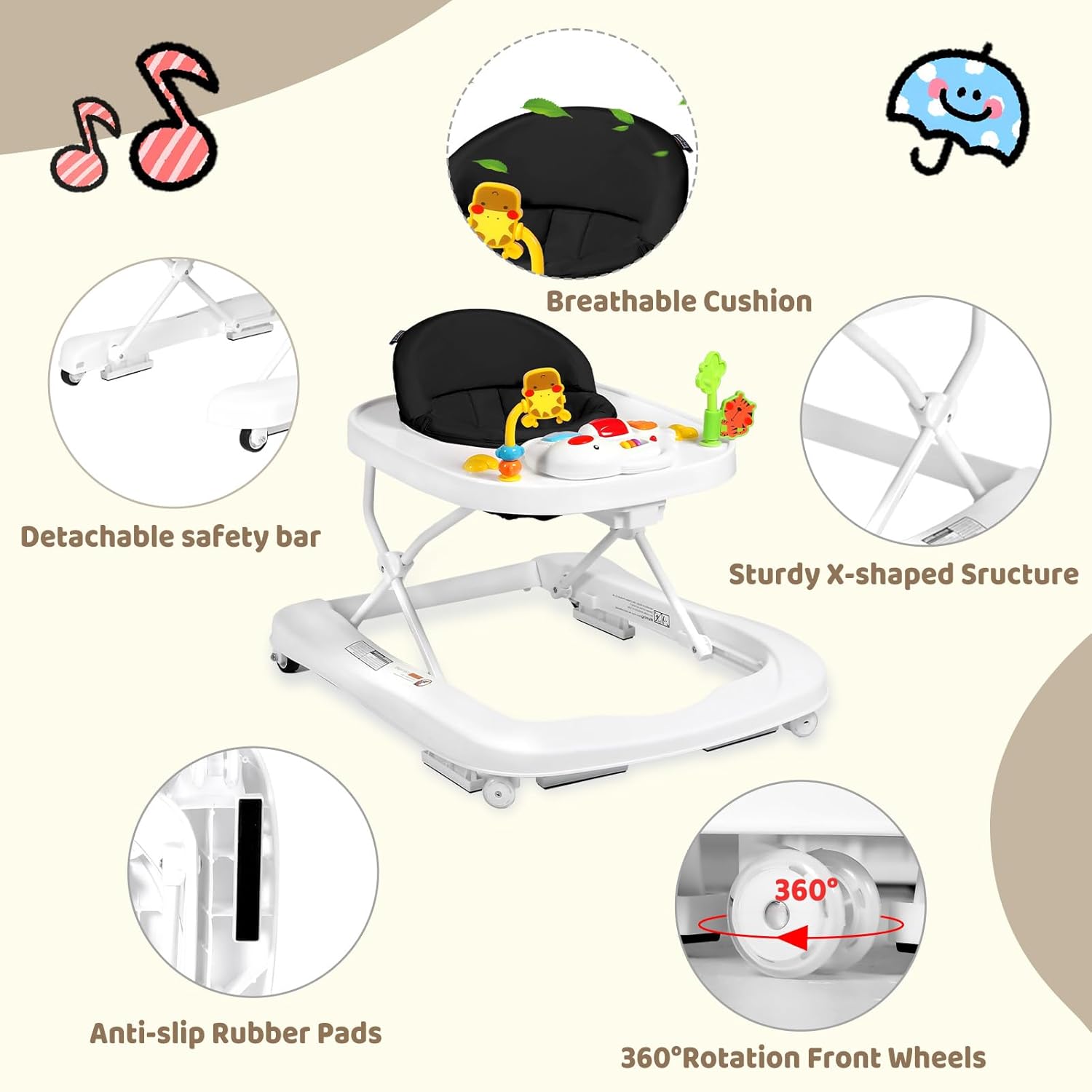 Andador para bebés con ruedas, centro de actividades para bebés 3 en 1 para niños y niñas, combo plegable con juguetes musicales, aprendizaje
