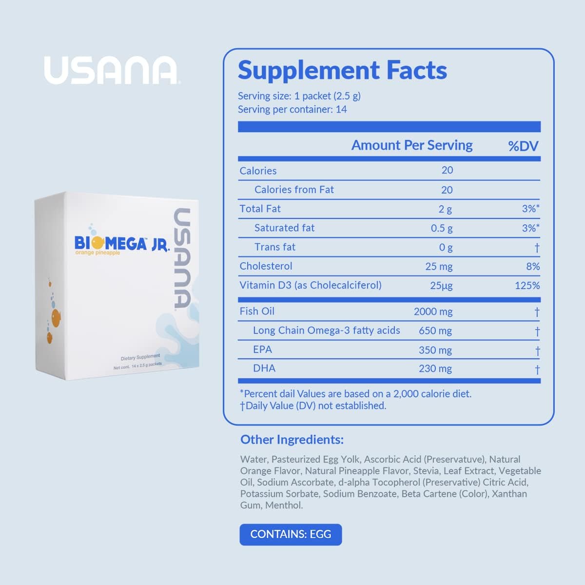 USANA BiOmega Jr. Suplemento de aceite de pescado con ácidos grasos Omega 3 para niños de 4 años o más – 14 paquetes