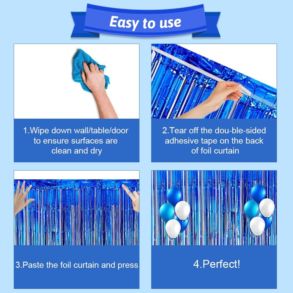 Paquete de 2 cortinas de flecos de papel de aluminio azul de 3.3 x 6.6 pies, cortinas de fondo para decoraciones de fiesta azul, graduación, boda,