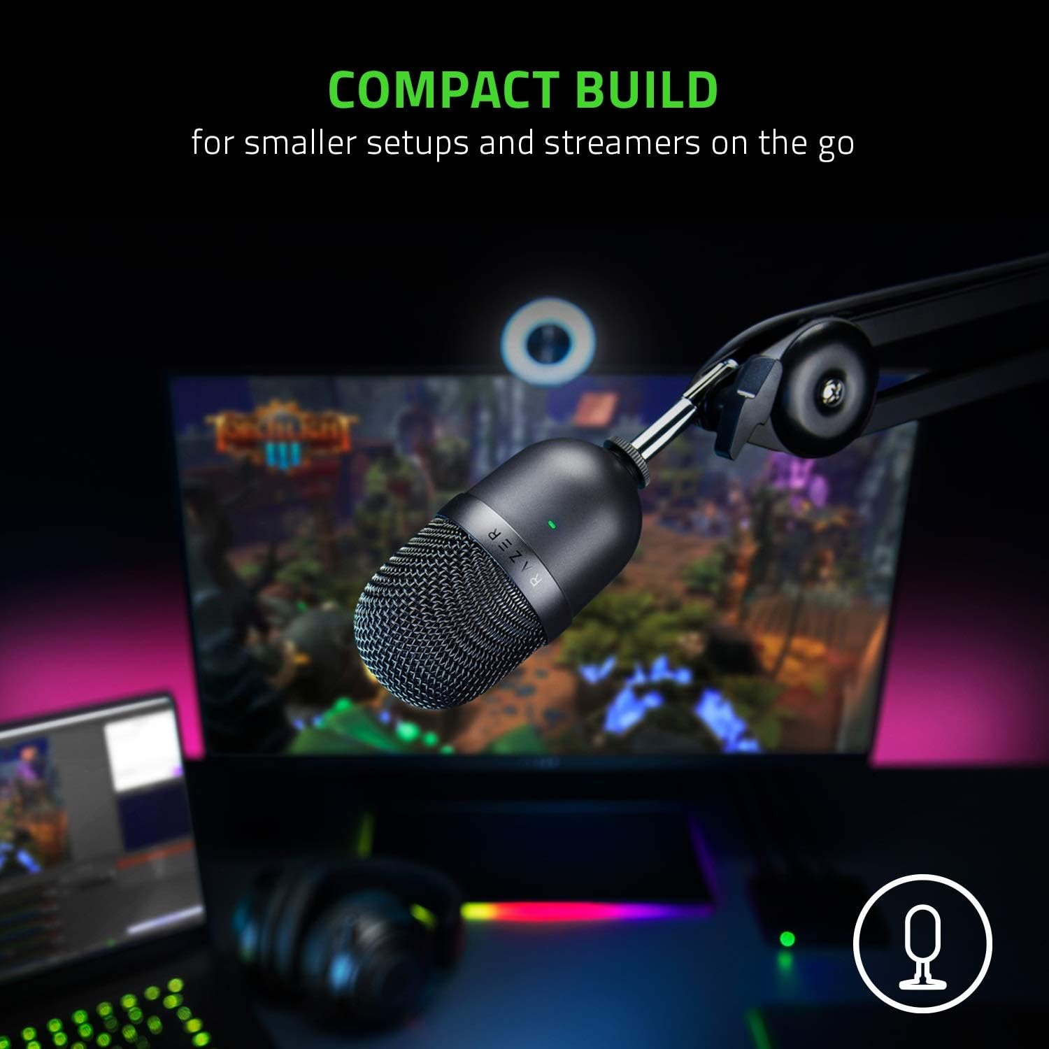 Razer Seiren Mini – Micrófono condensador USB para transmisión (compacto con patrón polar supercardioide, soporte inclinable, amortiguador