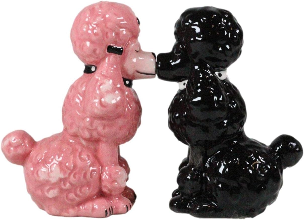 Ebros Gift Chien Canne – Juego de figuras de cerámica para perros de alta moda, color negro y rosa, salero y pimentero, 4 pulgadas de alto, para