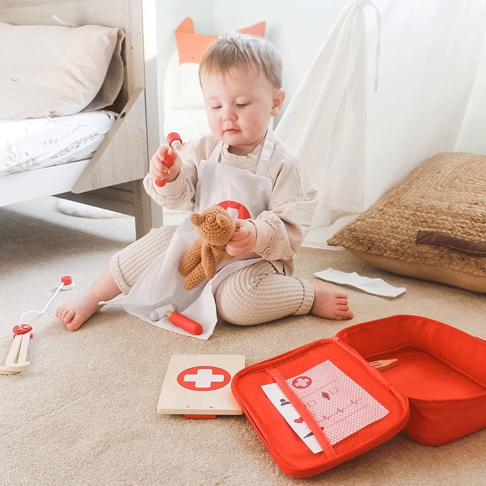 Bigjigs Toys Juego de médicos para niños, juego de médicos de madera de 10 piezas con estetoscopio para niños, termómetro, medicina y más en estuche