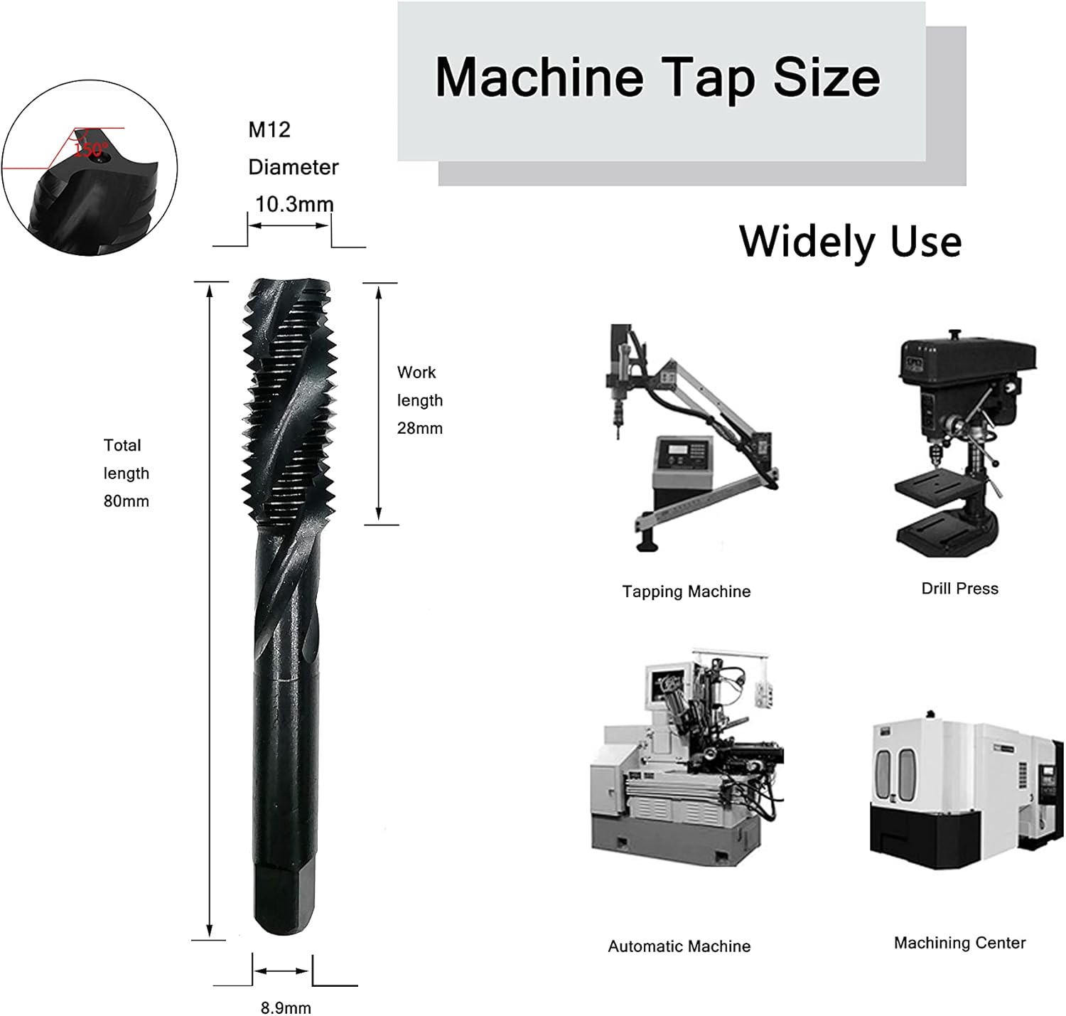 Metric M12 – Grifo de tornillo para máquina, 1 pieza HSS en espiral para flauta para metal (M12)