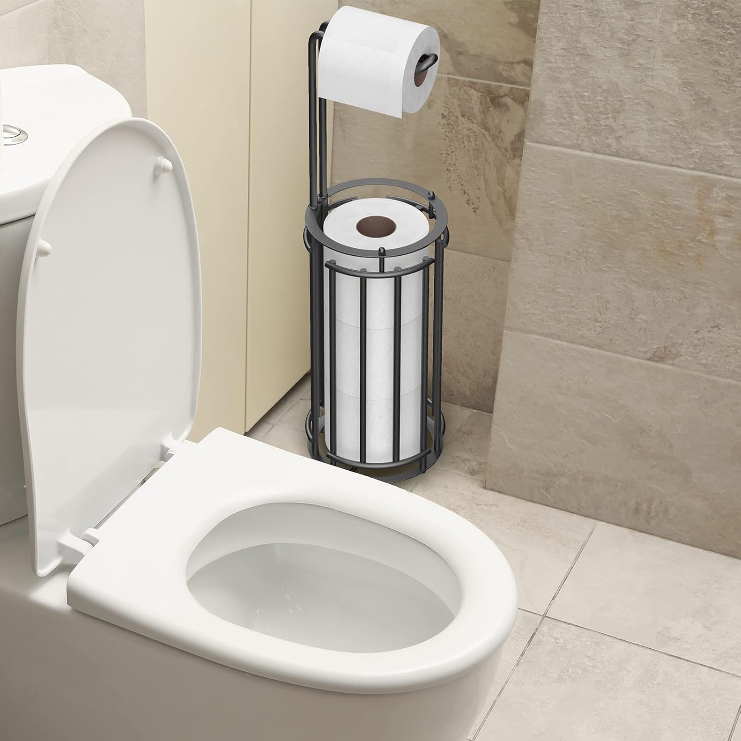 Meangood Soporte de papel higiénico y dispensador de rollo de papel de seda para 4 megarrollos, soporte de almacenamiento de rollos de papel