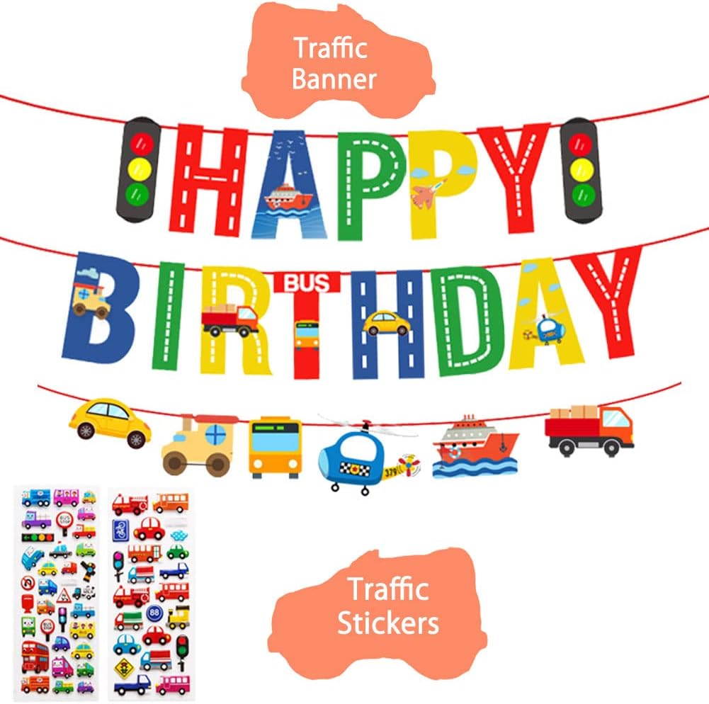 Suministros de fiesta de automóvil decoraciones de cumpleaños para niños, contiene una pancarta de tráfico, un sombrero, 2 calcomanías, 3 gafas, 5