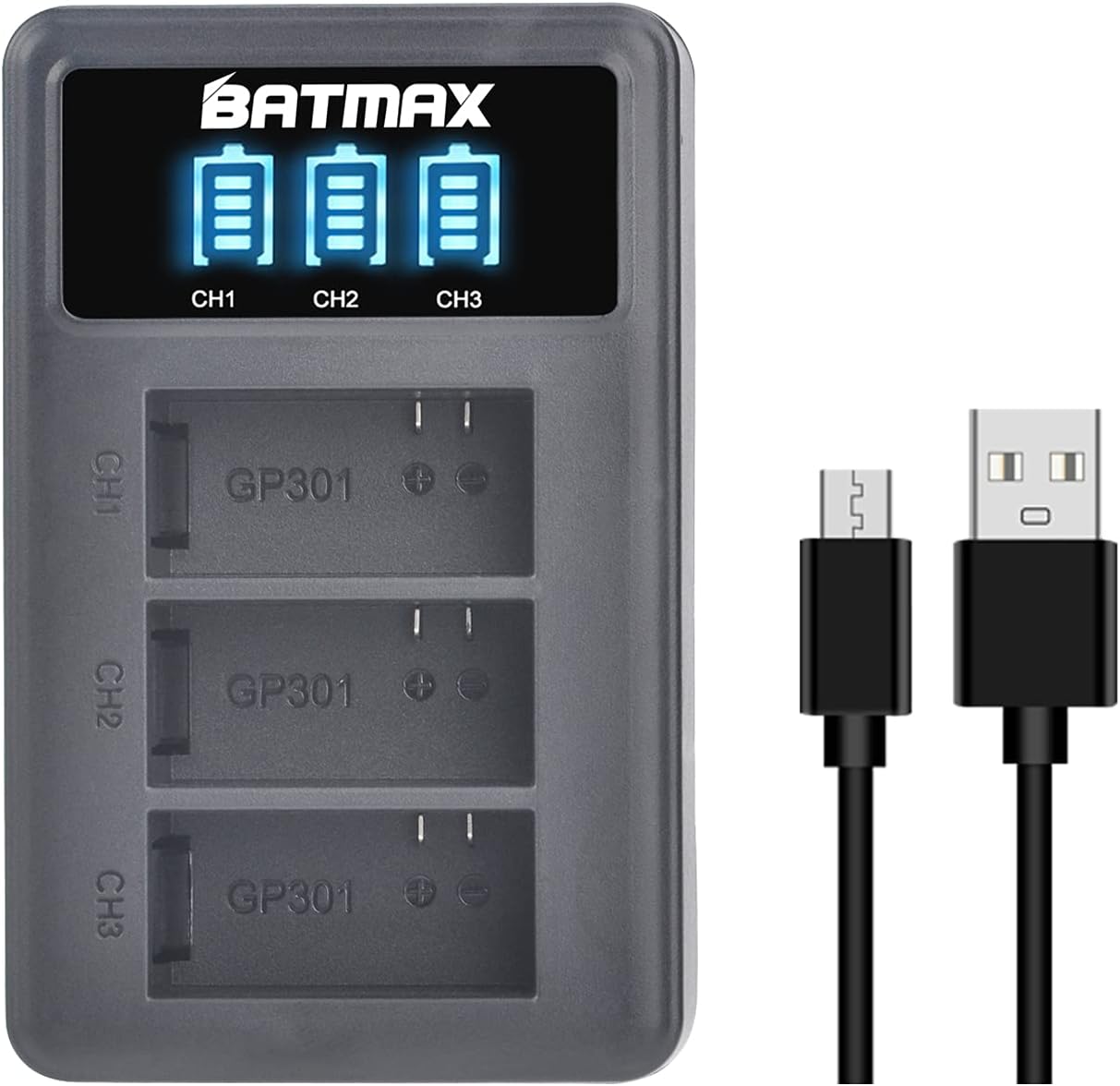 Batmax 3 baterías AHDBT-301 de iones de litio + cargador USB LED de 3 ranuras para cámaras GoPro Hero 3, Hero 3+ GoPro AHDBT-301, AHDBT-302