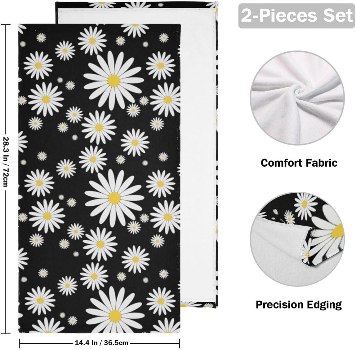 Juego de 2 toallas de mano de flores de margaritas para baño, lindo fondo negro, estampado floral, suave, pequeño, juego de toallas de baño