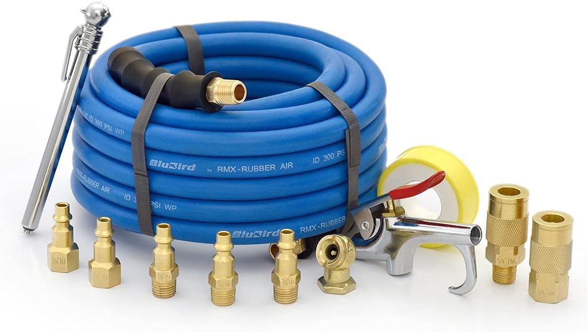 BLUBIRD BB3825KIT Kit de accesorios para compresor de aire de 38″ x 25′, 100% goma, más ligero, más fuerte, más flexible, 300 PSI, 50F a 190F