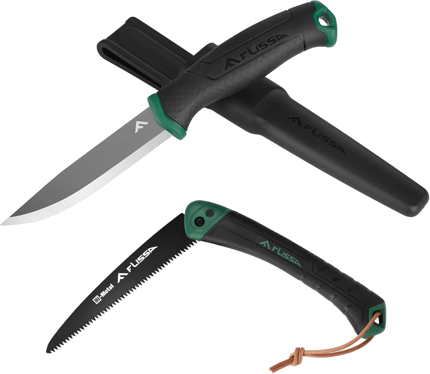FLISSA Sierra de mano plegable y cuchillo de supervivencia, sierra plegable con hoja de sierra bimetálica y cuchillo de hoja fija con funda, sierra