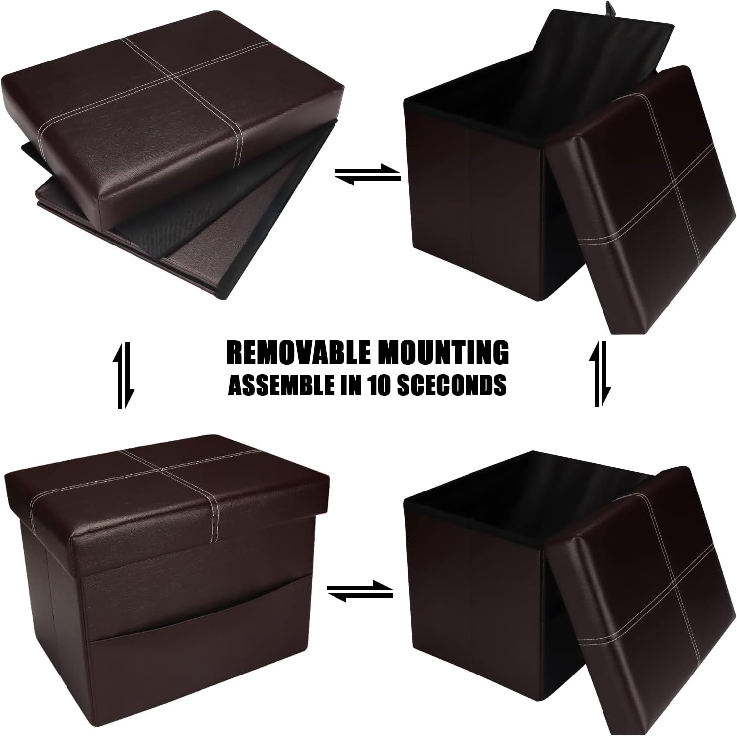 AmasSmile Otomana plegable de almacenamiento con bolsillo lateral, reposapiés, reposapiés, otomana de cuero negro con almacenamiento para sala de