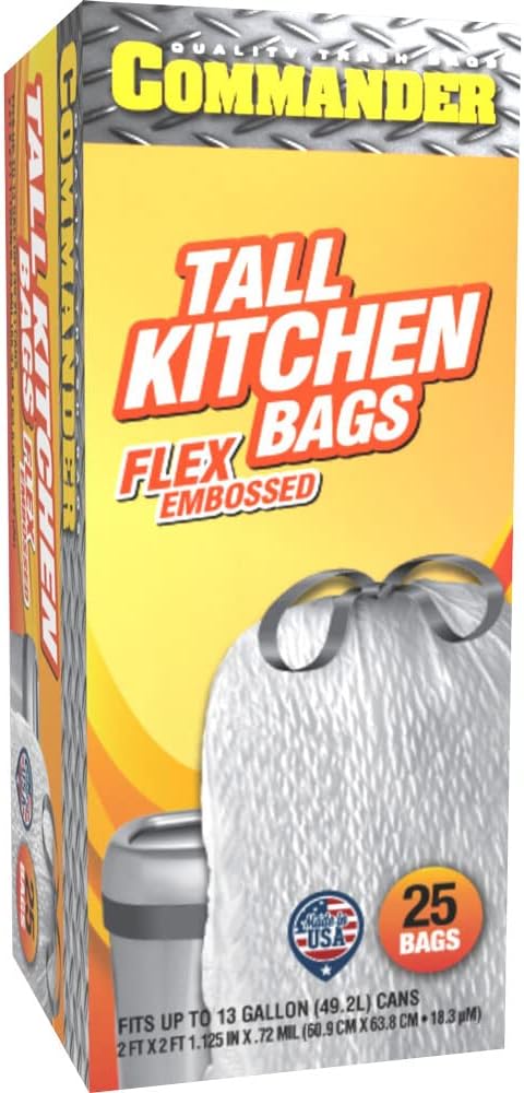 Commander – Bolsas de basura blancas con cordón para cocina, de 13 galones, 0.7 milésimas de pulgada de alto, 24 x 25 pulgadas, paquete de 25
