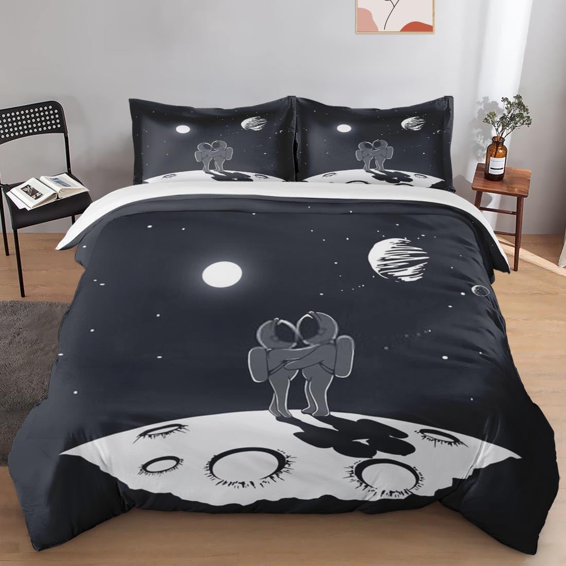 Juego de funda de edredón, juego de ropa de cama Love Space Moon Galaxy para niños y adultos, decoración de dormitorio de ciencia y planeta, juego