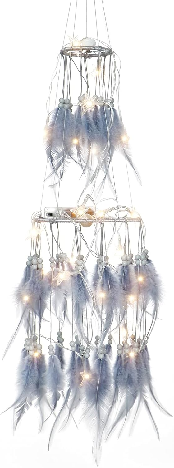 Dremisland Atrapasueños de plumas blancas de doble círculo con luces LED móviles, adornos para colgar en la pared, decoración de techo para