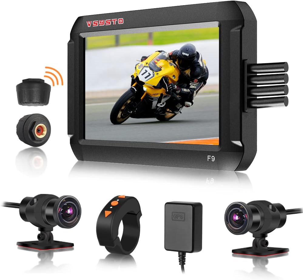 VSYSTO Cámara WiFi para salpicadero de motocicleta, sensores de presión de neumáticos, pantalla de 4 pulgadas, WDR HD 1080P, lente ojo de pez gran