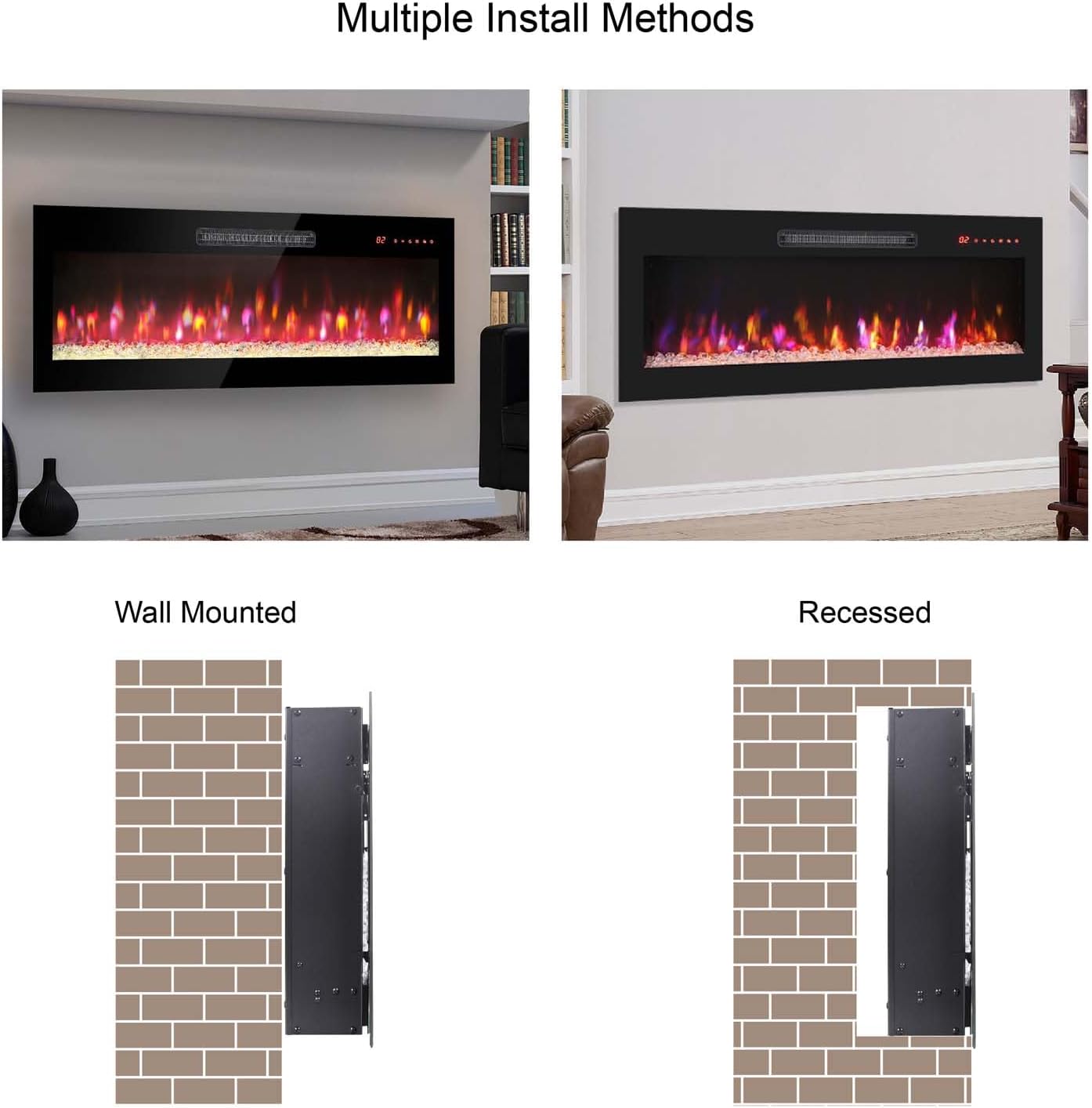 Chimenea eléctrica ultrafina de 60 pulgadas, chimenea empotrada y montada en la pared, calentador de luz LED con control remoto, chimenea eléctrica