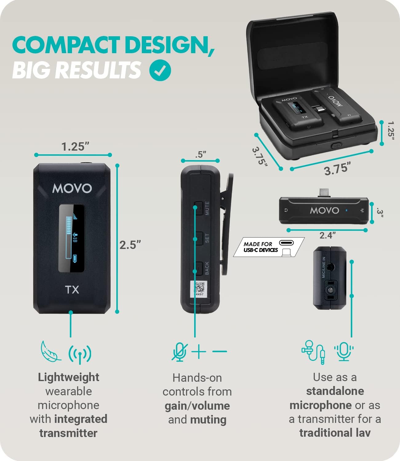 Movo WMX-2-C Micrófono inalámbrico para Android con estuche de carga, micrófono Bluetooth para micrófono de solapa Android, micrófono de solapa