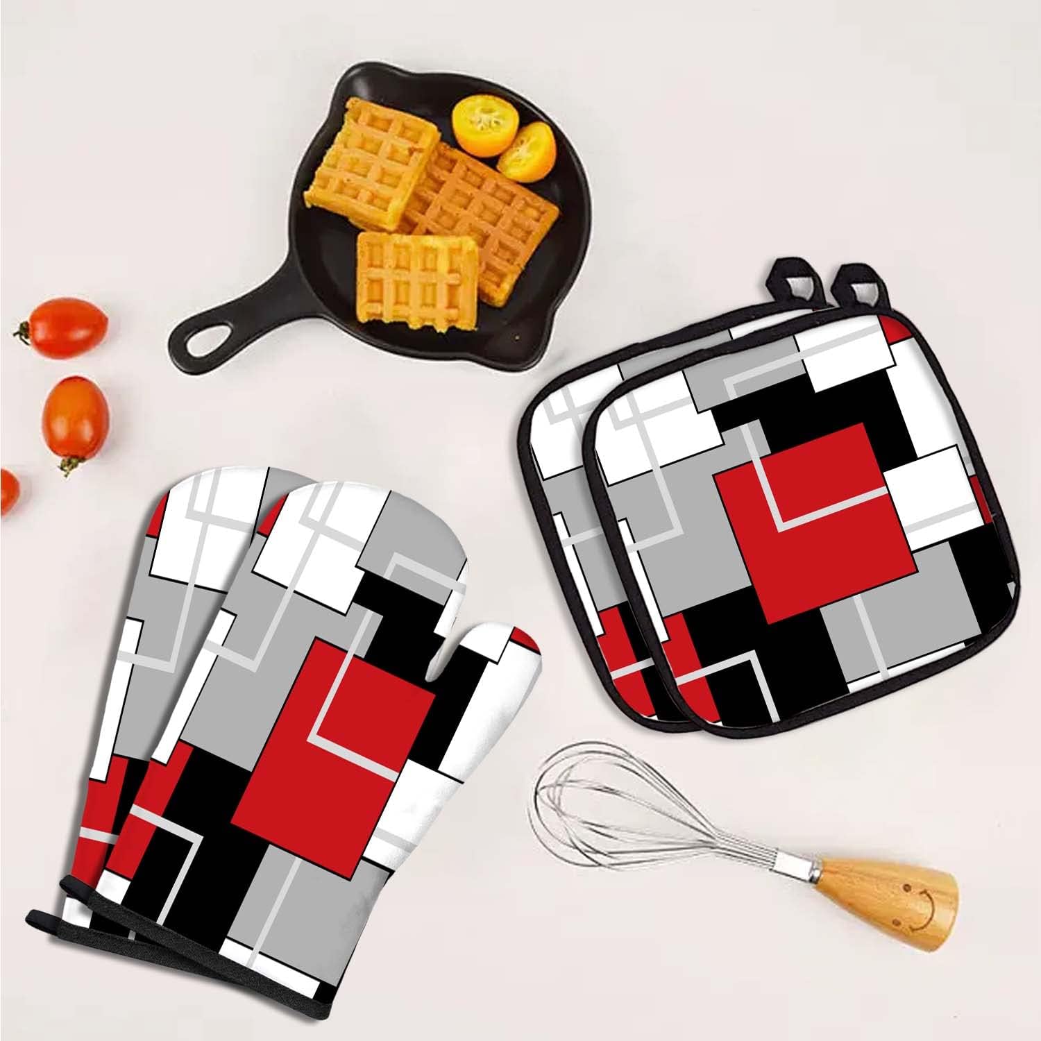 MCALK Juego de 5 guantes de horno rojos y soportes para ollas, guantes de horno negros geométricos y almohadillas calientes para cocinar en la